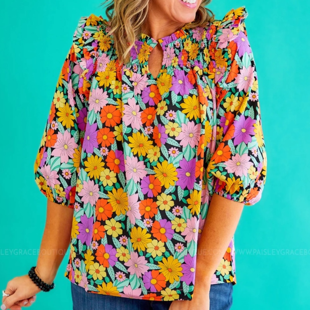 Umgee Pink and Yellow Floral Smocked Blouse